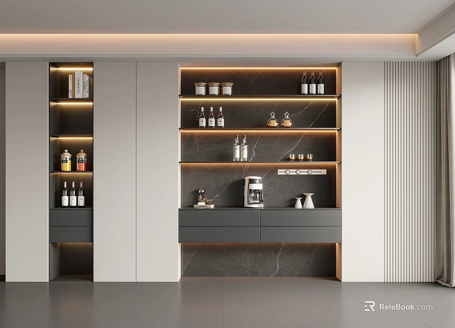 Modern Wine Cabinet Interior With Open Shelves Marble Top Wine Bottles Coffee Maker And Lighting 3d model 