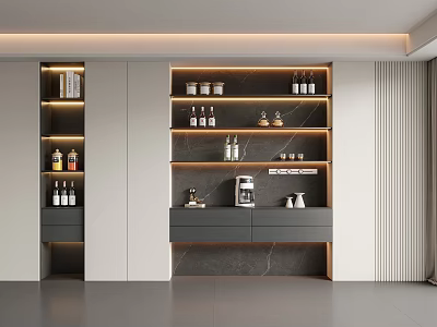 Modern Wine Cabinet Interior With Open Shelves Marble Top Wine Bottles Coffee Maker And Lighting 3d model