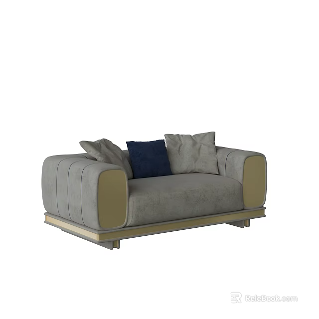 Elegant Gray Double Sofa With Golden Armrests And Blue Light Gray Cushions 3d model