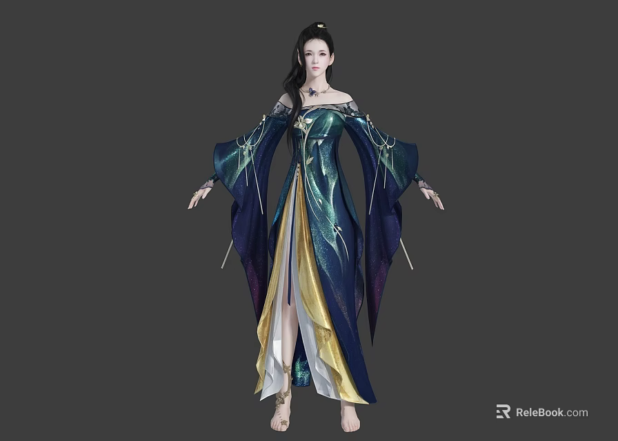 Elegant Woman In Blue Green Long Robe With Flowing Sleeves And Golden Yellow Accents 3d model 