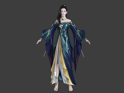 Elegant Woman In Blue Green Long Robe With Flowing Sleeves And Golden Yellow Accents 3d model