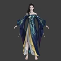 Elegant Woman In Blue Green Long Robe With Flowing Sleeves And Golden Yellow Accents