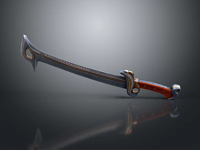 Ornate Curved Sword With Decorative Blade Red Handle And Metal Accents Ancient Design 3d model