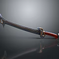 Ornate Curved Sword With Decorative Blade Red Handle And Metal Accents Ancient Design