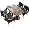 Elegant Oval Marble Dining Table With Black Leather Chairs And Wooden Frames 3d model