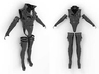 Black Leather Clothes with Futuristic Strap Design High Boots Gloves and Detailed Functional Style 3d model