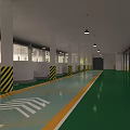 Spacious Office Corridor With Blue Floor Yellow Lines Black And White Striped Pillars Hanging Lights