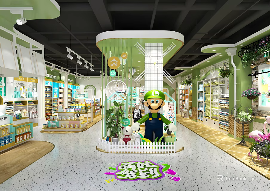 Green Specialty Store Interior With Glass Display Area Cartoon Figures Shelves And Plant Decorations 3d model 