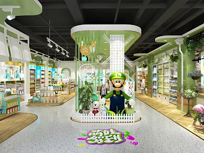 Green Specialty Store Interior With Glass Display Area Cartoon Figures Shelves And Plant Decorations 3d model