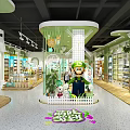 Green Specialty Store Interior With Glass Display Area Cartoon Figures Shelves And Plant Decorations