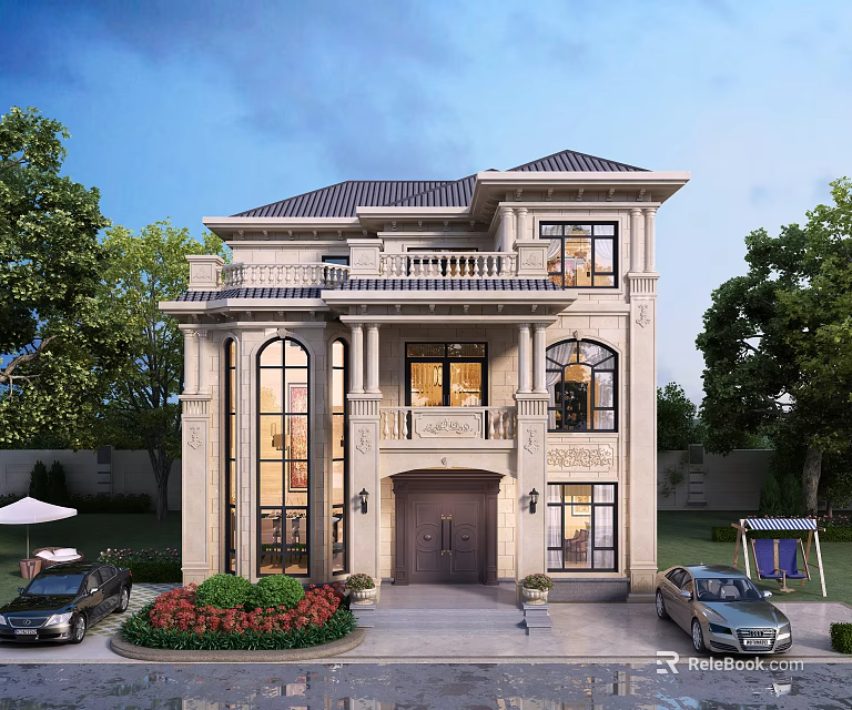Classic Single Family Villa Exterior Design With Stone Facade Large Windows And Front Garden 3d model 