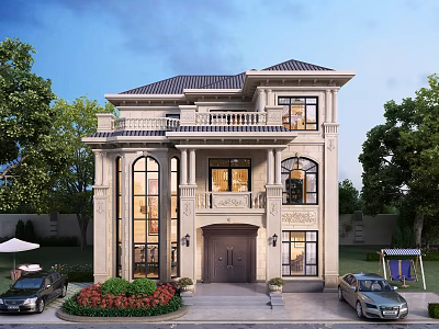 Classic Single Family Villa Exterior Design With Stone Facade Large Windows And Front Garden 3d model