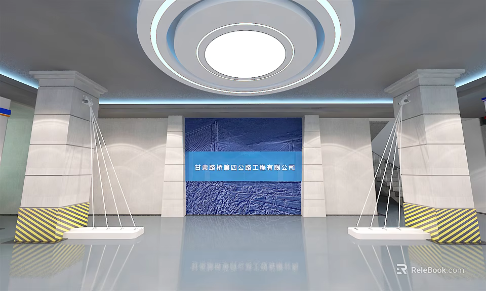 Modern Company Lobby Interior With Circular Ceiling Light Blue Background Wall And White Pillars 3d model 
