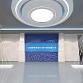 Modern Company Lobby Interior With Circular Ceiling Light Blue Background Wall And White Pillars