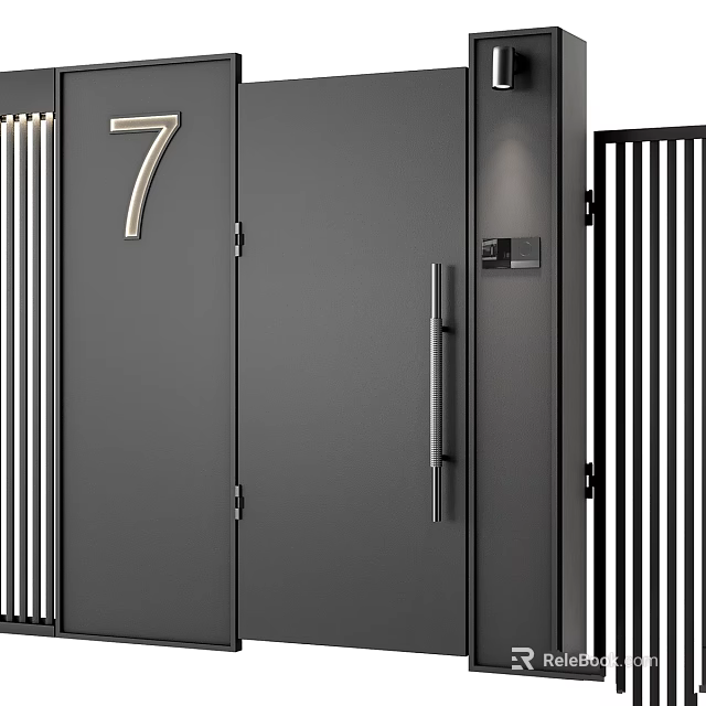 Modern Black Metal Partition With Gray Gate And Number 7 Exterior Design 3d model 