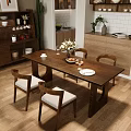 Modern Kitchen Wooden Dining Table Set with Chairs Upholstered Seats Vase Flowers Plates Wine Glasses