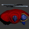 Standing Blue Armored Character With Red Cape And Gold Accent Details