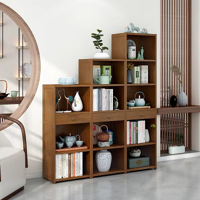 Chinese Style Decorative Ornament Set On Wooden Shelf With Tea Sets Books Vases And Greenery 3d model