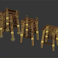 Three Handcrafted Wooden Stools With Cross Legged Structure Wooden Slat Seats And Gray Padded Feet