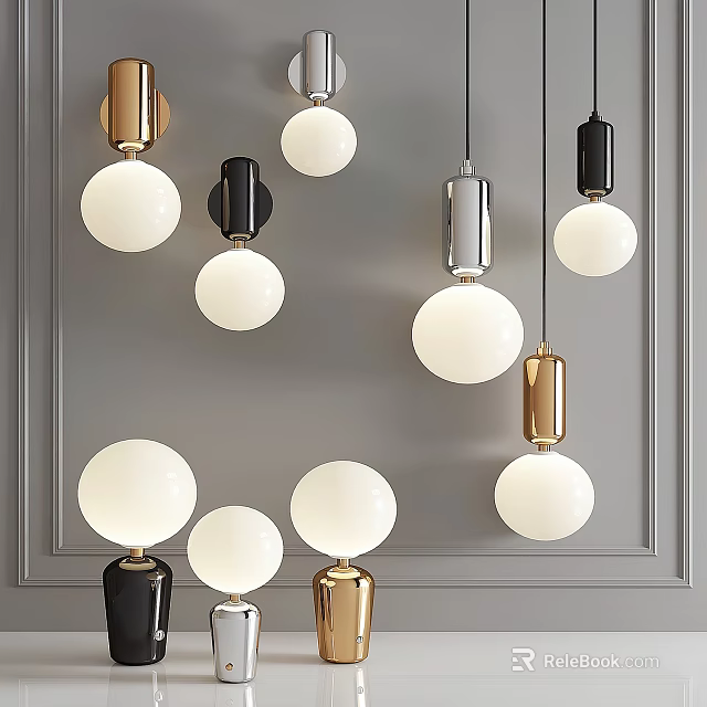 Modern Lighting Combinations With Spherical Bulbs And Black Gold Silver Bases On Gray Wall 3d model 