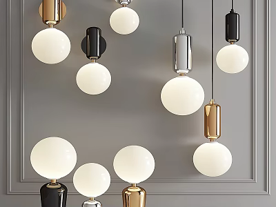 Modern Lighting Combinations With Spherical Bulbs And Black Gold Silver Bases On Gray Wall 3d model