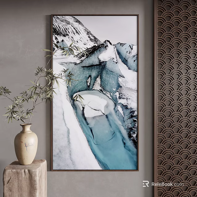 Blue White Traditional Chinese Landscape Painting With Vase And Screen 3d model 