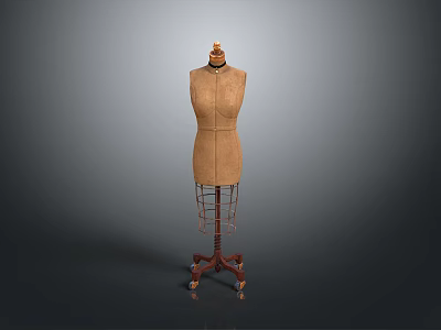Brown Dress Form With Wooden Base And Metal Stand For Sewing And Clothing Design 3d model