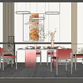 Modern Dining Table Set With Red Chairs Pendant Lights And Wall Art 3d model