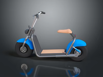 Modern Blue Electric Bike With Wooden Seat Gray Frame Black Tires And Reflection Design 3d model