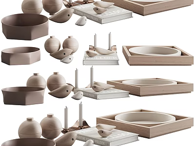 Minimalist Modern Decorative Ornament Set With Neutral Tones Bowls Vases And Bird Figurines 3d model