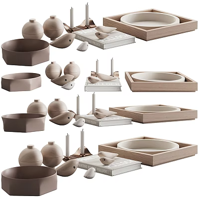 Minimalist Modern Decorative Ornament Set With Neutral Tones Bowls Vases And Bird Figurines 3d model
