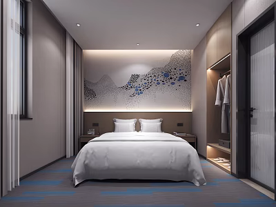Modern Hotel Guest Room With King Bed Bedside Art Nightstands White Curtains And Blue Carpet 3d model