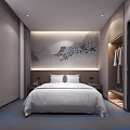 Modern Hotel Guest Room With King Bed Bedside Art Nightstands White Curtains And Blue Carpet