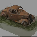 Rusty Old Vintage Car Surrounded by Green Grass on Display Platform 3d model