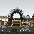 Whimsical Garden Ornaments Featuring Circular Woven Structure Mushroom Decorations And Wooden Platform In Water Setting