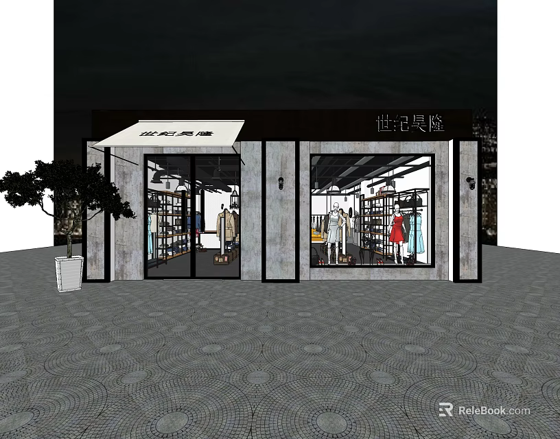 Modern Clothing Store With Glass Front Fashion Displays And Outdoor Tree 3d model 