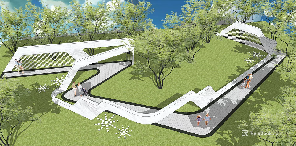 Scenic Wall In Modern Park With Curved Paths Green Trees And Lawn 3d model 