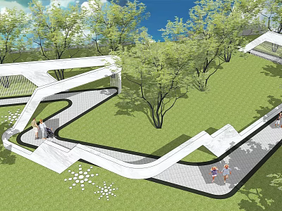 Scenic Wall In Modern Park With Curved Paths Green Trees And Lawn 3d model