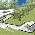 Scenic Wall In Modern Park With Curved Paths Green Trees And Lawn