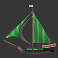 Decorative Ornament Set Featuring Green Sail Model Ship With Pink Hull Flag And Reflective Surface