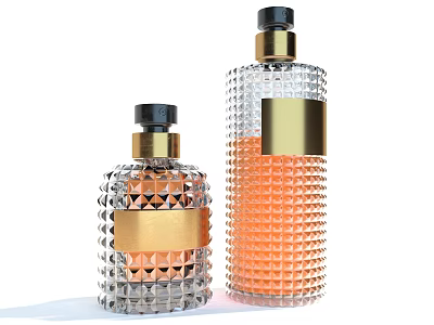 Transparent Glass Perfume Bottles With Diamond Patterns Gold Labels And Black Caps 3d model