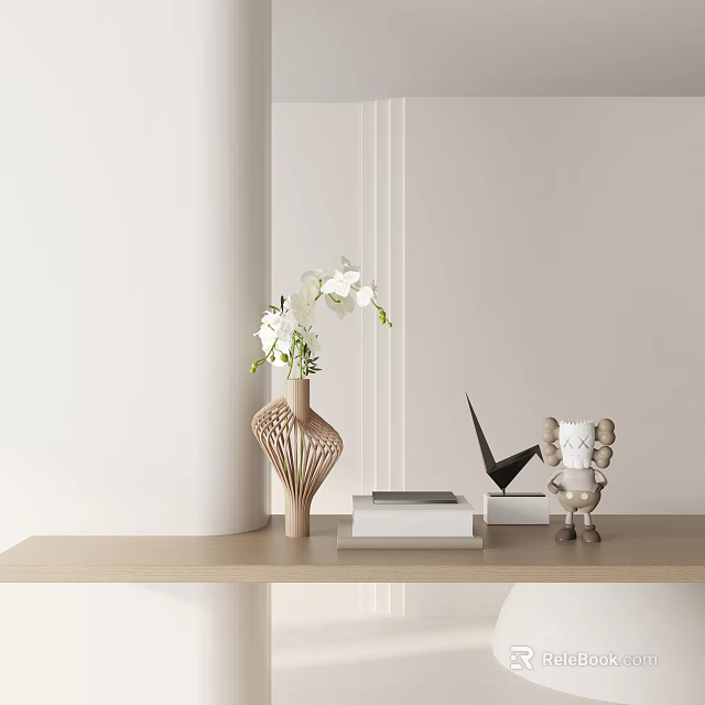 Decorative Ornament Set Featuring Woven Vase White Flowers Books Geometric Decor Plush Doll On Shelf 3d model 