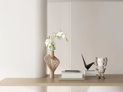 Decorative Ornament Set Featuring Woven Vase White Flowers Books Geometric Decor Plush Doll On Shelf 3d model