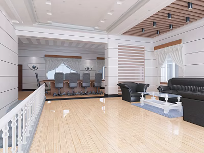 Modern Clubhouse Interior Design With Wooden Flooring Meeting Table Sofa Windows And White Railing 3d model
