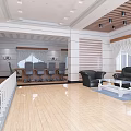 Modern Clubhouse Interior Design With Wooden Flooring Meeting Table Sofa Windows And White Railing