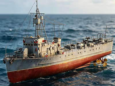 Vintage Warship With Gray Upper Hull And Red Bottom Sailing On Open Sea 3d model