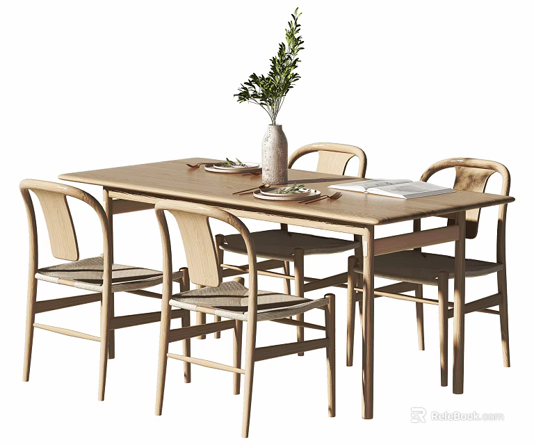 Minimalist Wooden Dining Table Set with Four Chairs and Vase Green Plant Plates 3d model 