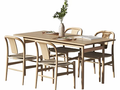 Minimalist Wooden Dining Table Set with Four Chairs and Vase Green Plant Plates 3d model
