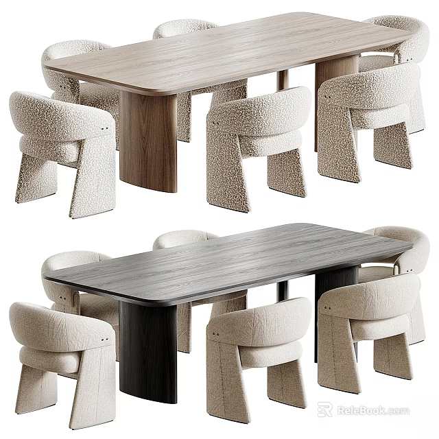 Modern Minimalist Solid Wood Dining Table Set With Stylish Boucle Fabric Upholstered Dining Chairs 3d model 