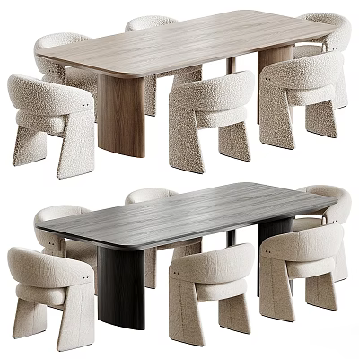 Modern Minimalist Solid Wood Dining Table Set With Stylish Boucle Fabric Upholstered Dining Chairs 3d model